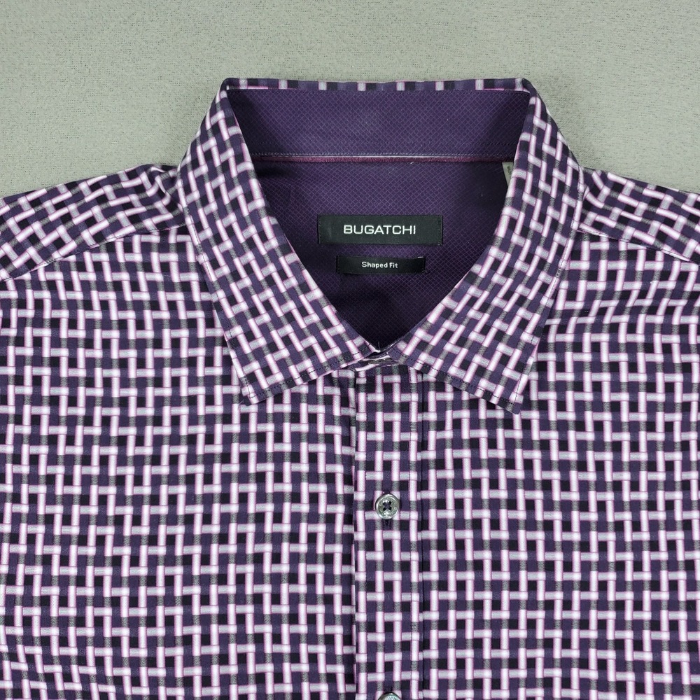 Lot 4 Bugatchi Print Plaid Cuff Long‎ Sleeve Button Down Shirt Men L Shaped Fit - Picture 6 of 16